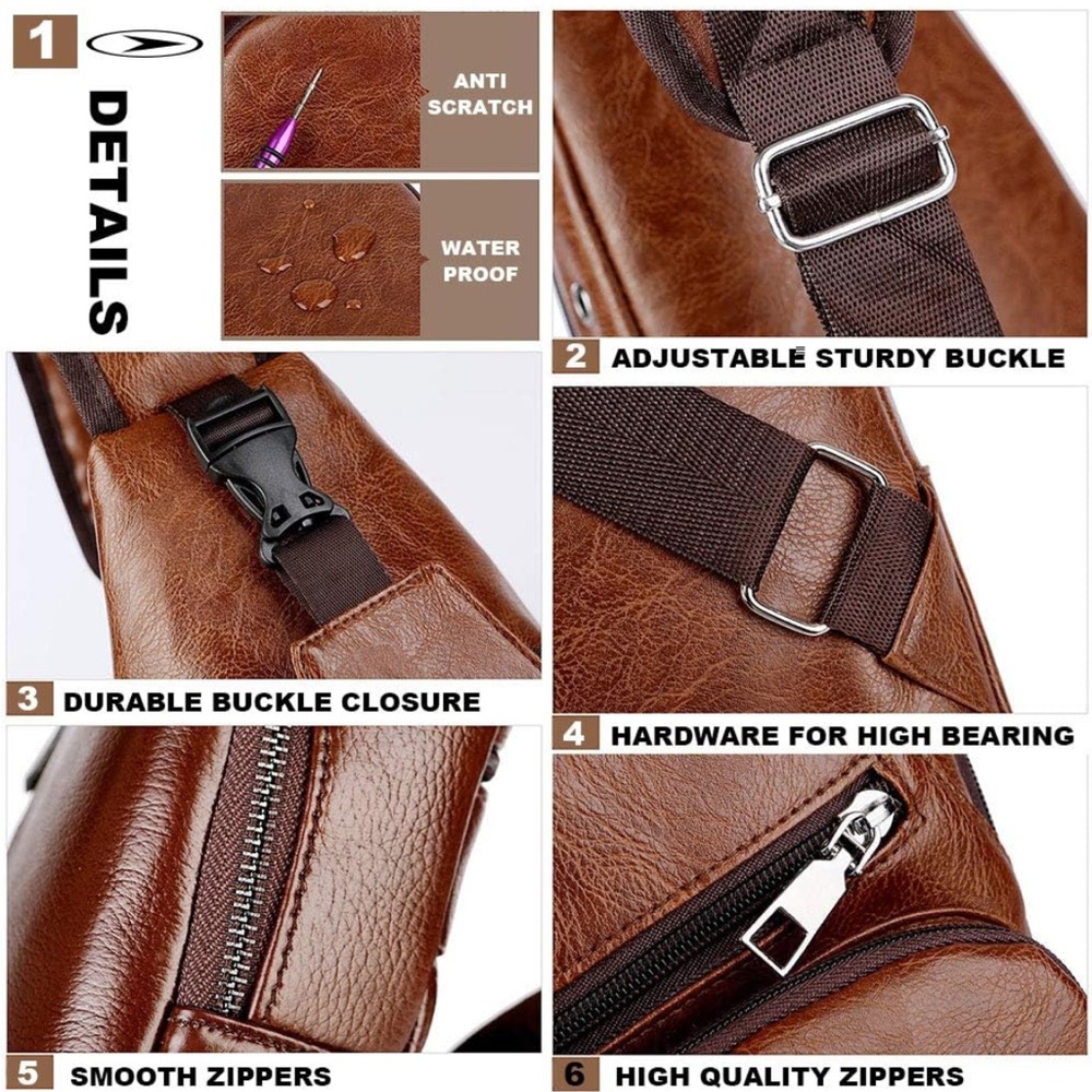 New! Leather Sling Bag Mens Backpack/ Crossbody Bag Chest Bag w/ USB Charge Port - Picture 2 of 11